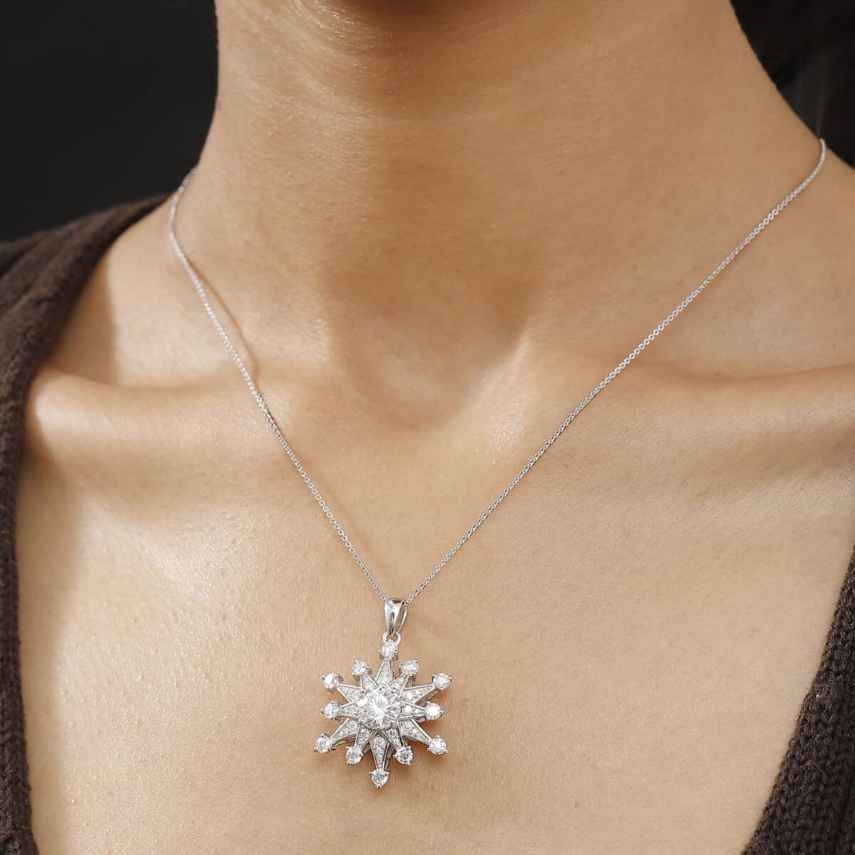 Crisantemo Cut Moissanite 3.60 ctw Snowflake Pendant Necklace in Rhodium Over Sterling Silver 20 Inches image number 2