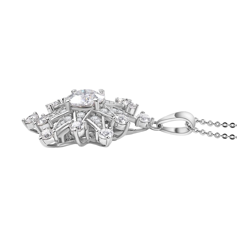 D'Joy Crisantemo Cut Moissanite 3.50 ctw Snowflake Sparkle Pendant Necklace in Rhodium Over Sterling Silver 20 Inches