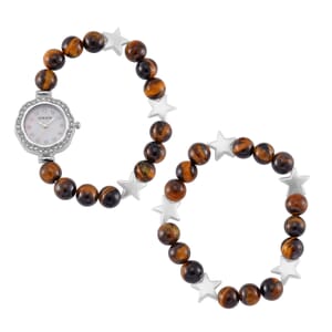 2pcs Set - Strada Yellow Tigers Eye, Crystal Japanese Movement Beaded Stretch Bracelet Charm Watch and Bracelet with Resin Star (7-7.5In) 24.00 ctw