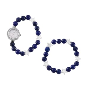 2pcs Set - Strada Lapis Lazuli, Crystal Japanese Movement Beaded Stretch Bracelet Charm Watch and Bracelet with Resin Star (7-7.5In) 24.00 ctw