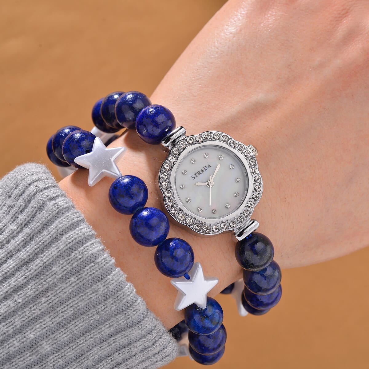 2pcs Set - Strada Lapis Lazuli, Crystal Japanese Movement Beaded Stretch Bracelet Charm Watch and Bracelet with Resin Star (7-7.5In) 24.00 ctw image number 1