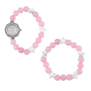2pcs Set - Strada Galilea Rose Quartz, Crystal Japanese Movement Beaded Stretch Bracelet Charm Watch and Bracelet with Resin Star (7-7.5In) 24.00 ctw