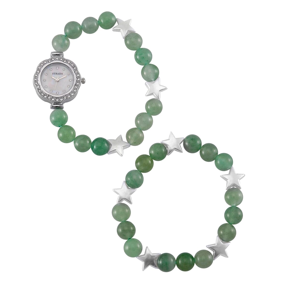 2pcs Set - Strada Green Aventurine, Crystal Japanese Movement Beaded Stretch Bracelet Charm Watch and Bracelet with Resin Star (7-7.5In) 24.00 ctw image number 0