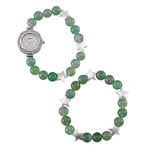 2pcs Set - Strada Green Aventurine, Crystal Japanese Movement Beaded Stretch Bracelet Charm Watch and Bracelet with Resin Star (7-7.5In) 24.00 ctw