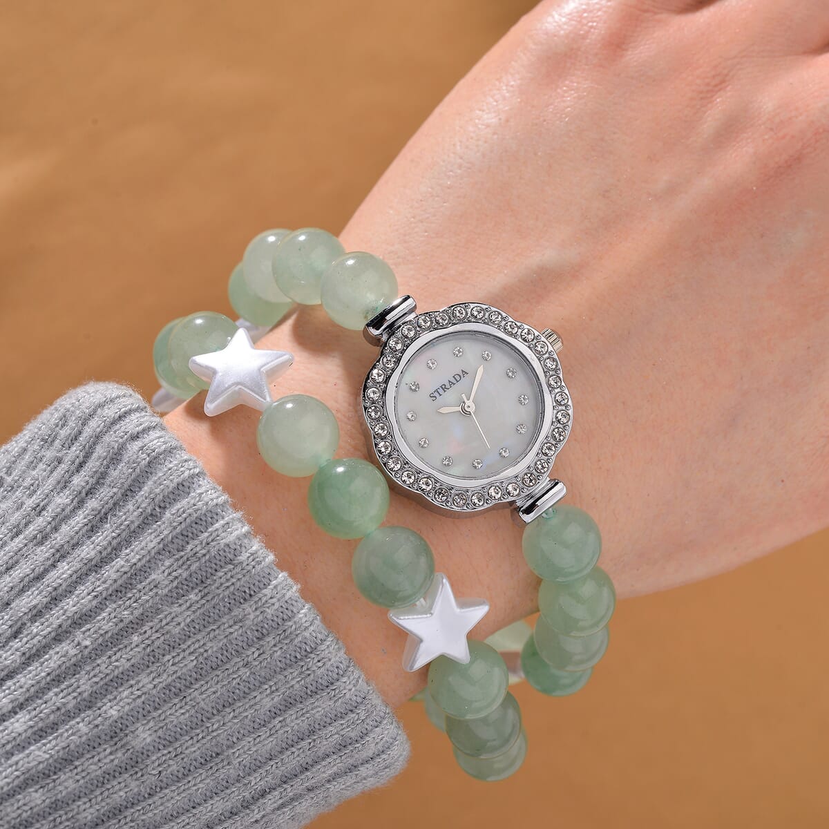 2pcs Set - Strada Green Aventurine, Crystal Japanese Movement Beaded Stretch Bracelet Charm Watch and Bracelet with Resin Star (7-7.5In) 24.00 ctw image number 1