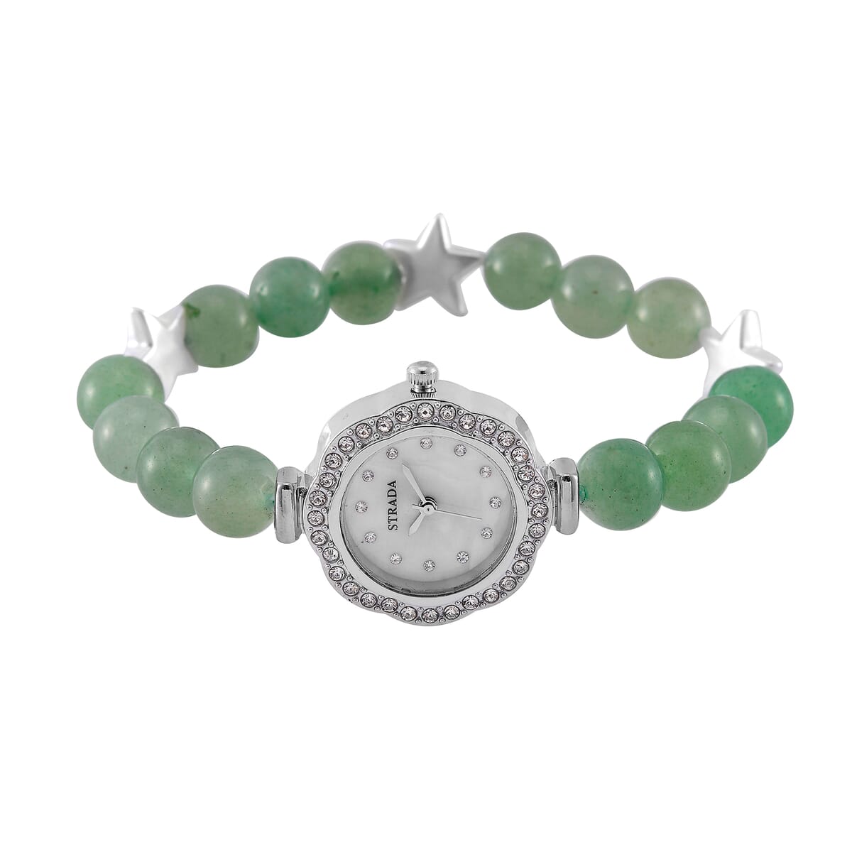 2pcs Set - Strada Green Aventurine, Crystal Japanese Movement Beaded Stretch Bracelet Charm Watch and Bracelet with Resin Star (7-7.5In) 24.00 ctw image number 2