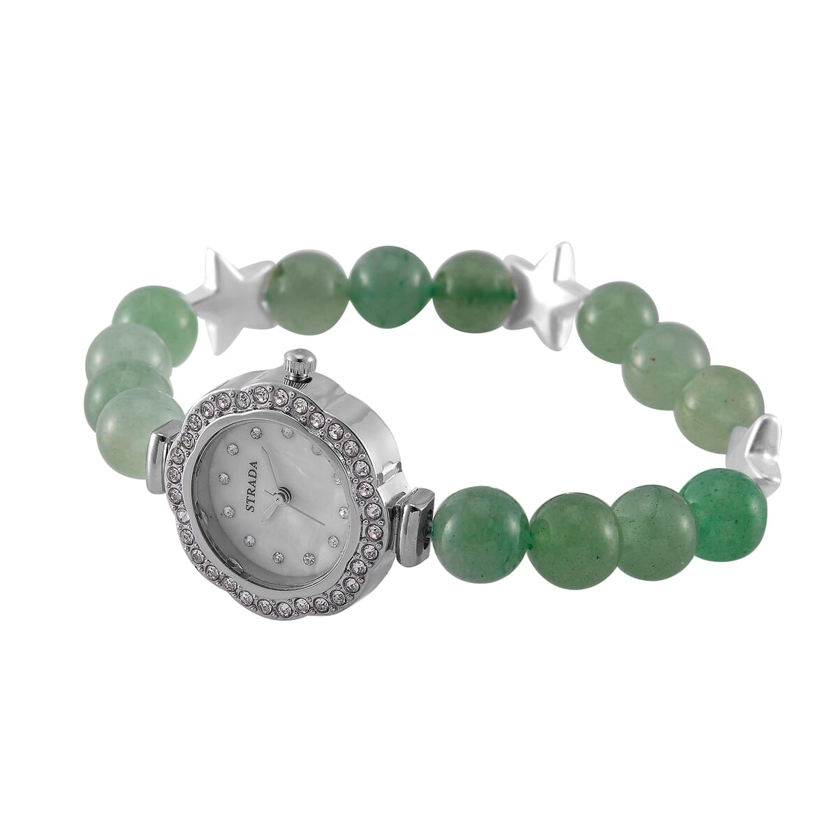 2pcs Set - Strada Green Aventurine, Crystal Japanese Movement Beaded Stretch Bracelet Charm Watch and Bracelet with Resin Star (7-7.5In) 24.00 ctw image number 3
