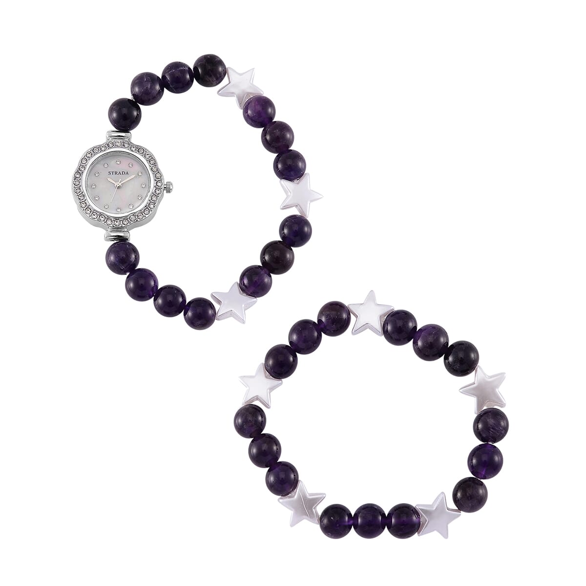 2pcs Set - Strada African Amethyst, Crystal Japanese Movement Beaded Stretch Bracelet Charm Watch and Bracelet with Resin Star (7-7.5In) 24.00 ctw image number 0
