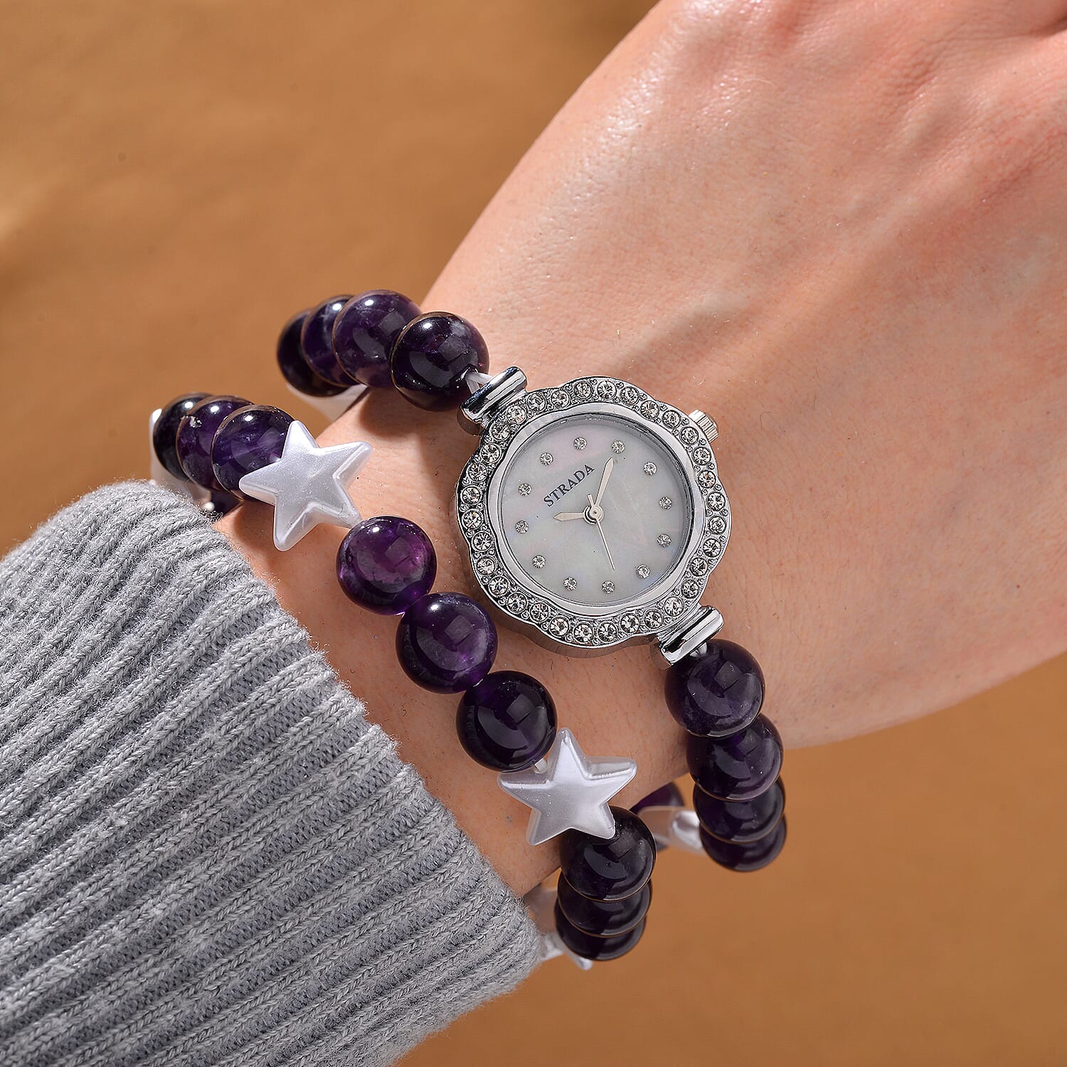 2pcs Set - Strada African Amethyst, Crystal Japanese Movement Beaded Stretch Bracelet Charm Watch and Bracelet with Resin Star (7-7.5In) 24.00 ctw