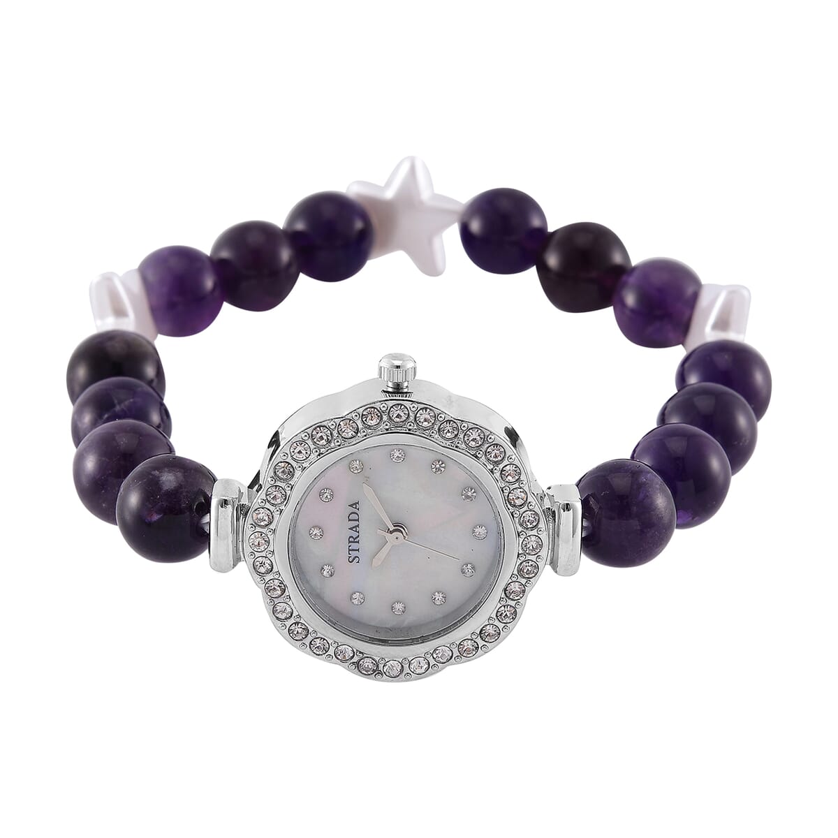 2pcs Set - Strada African Amethyst, Crystal Japanese Movement Beaded Stretch Bracelet Charm Watch and Bracelet with Resin Star (7-7.5In) 24.00 ctw image number 2