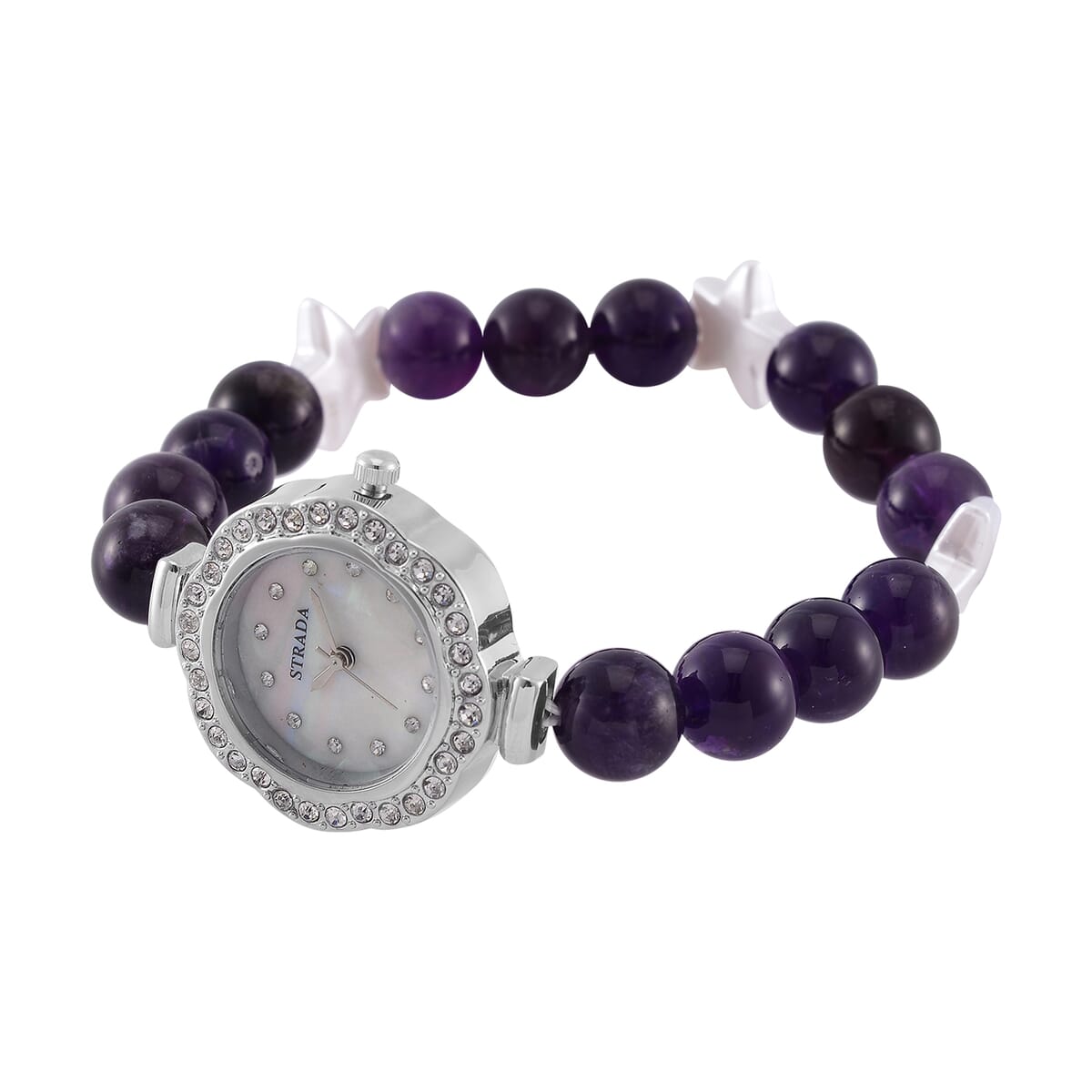 2pcs Set - Strada African Amethyst, Crystal Japanese Movement Beaded Stretch Bracelet Charm Watch and Bracelet with Resin Star (7-7.5In) 24.00 ctw image number 3