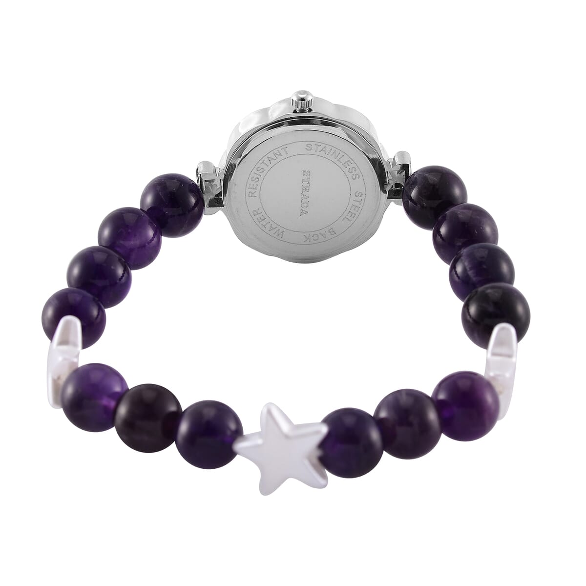 2pcs Set - Strada African Amethyst, Crystal Japanese Movement Beaded Stretch Bracelet Charm Watch and Bracelet with Resin Star (7-7.5In) 24.00 ctw image number 4