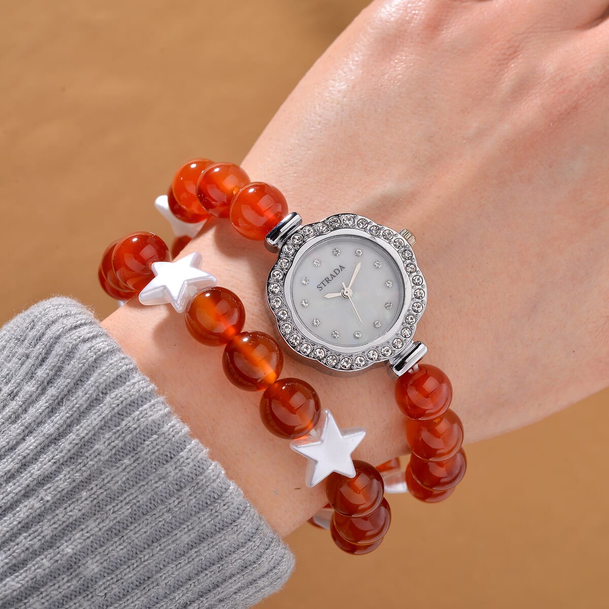 2pcs Set - Strada Carnelian, Crystal Japanese Movement Beaded Stretch Bracelet Charm Watch and Bracelet with Resin Star (7-7.5In) 24.00 ctw image number 1