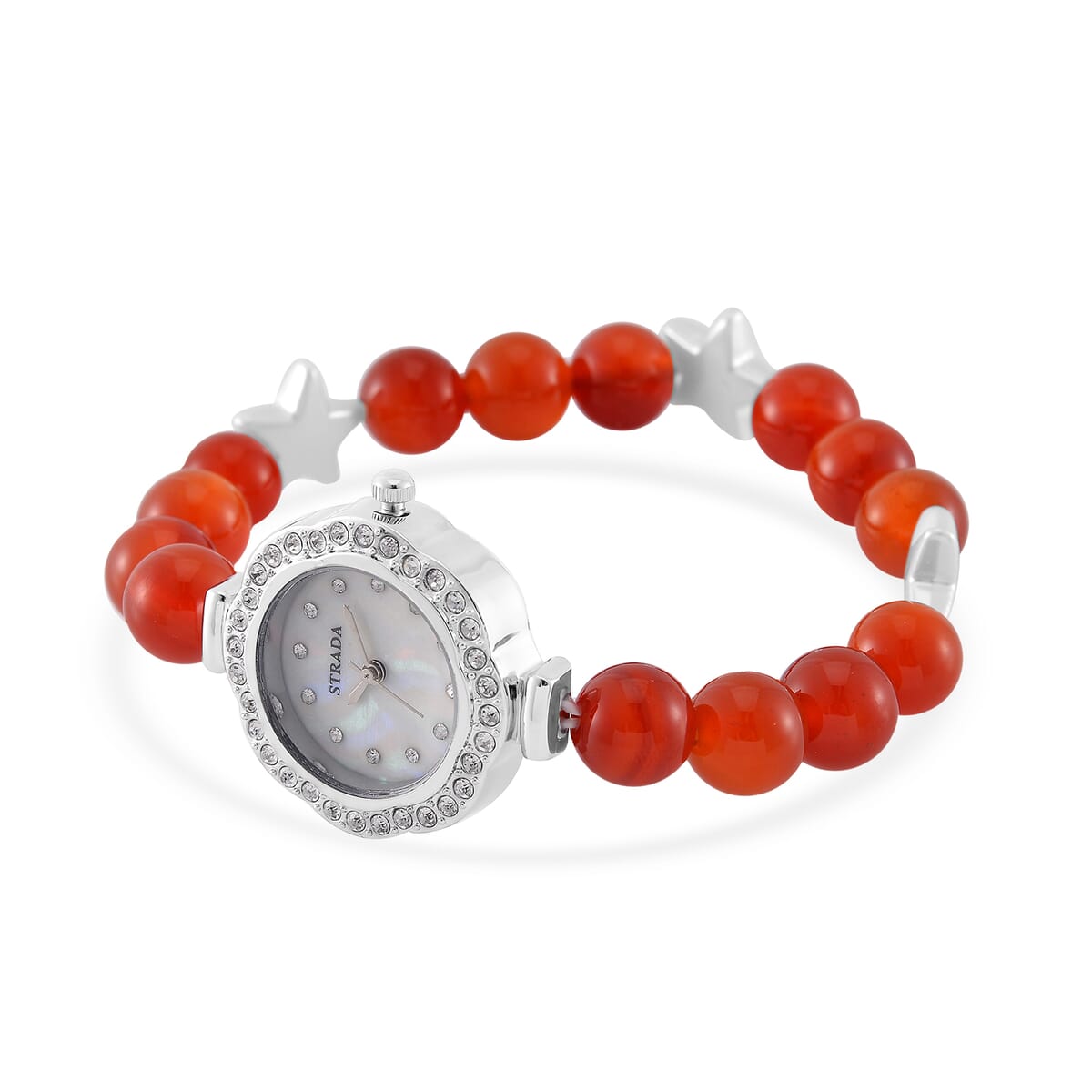 2pcs Set - Strada Carnelian, Crystal Japanese Movement Beaded Stretch Bracelet Charm Watch and Bracelet with Resin Star (7-7.5In) 24.00 ctw image number 3