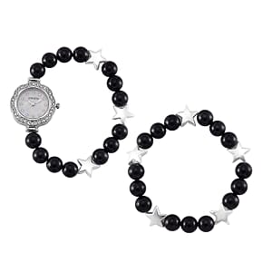2 Piece Set - Black Agate (D), Crystal Japanese Movement Beaded Stretch Bracelet Charm Watch and Bracelet with Resin Star (7-7.5In) 24.00 ctw