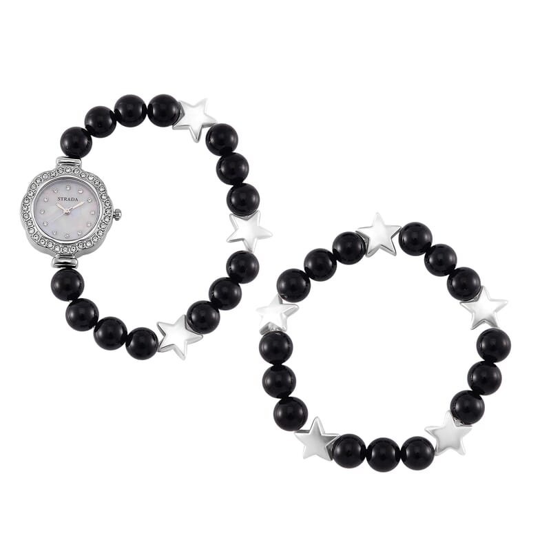 2 Piece Set - Black Agate (D), Crystal Japanese Movement Beaded Stretch Bracelet Charm Watch and Bracelet with Resin Star (7-7.5In) 24.00 ctw