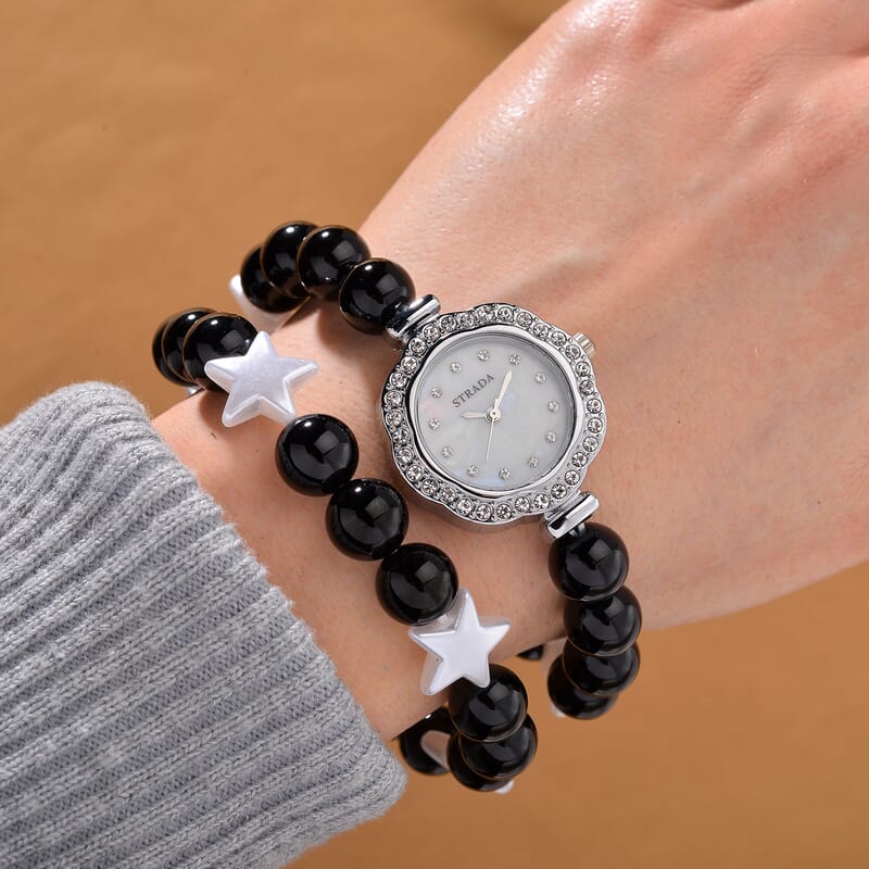 2 Piece Set - Black Agate (D), Crystal Japanese Movement Beaded Stretch Bracelet Charm Watch and Bracelet with Resin Star (7-7.5In) 24.00 ctw