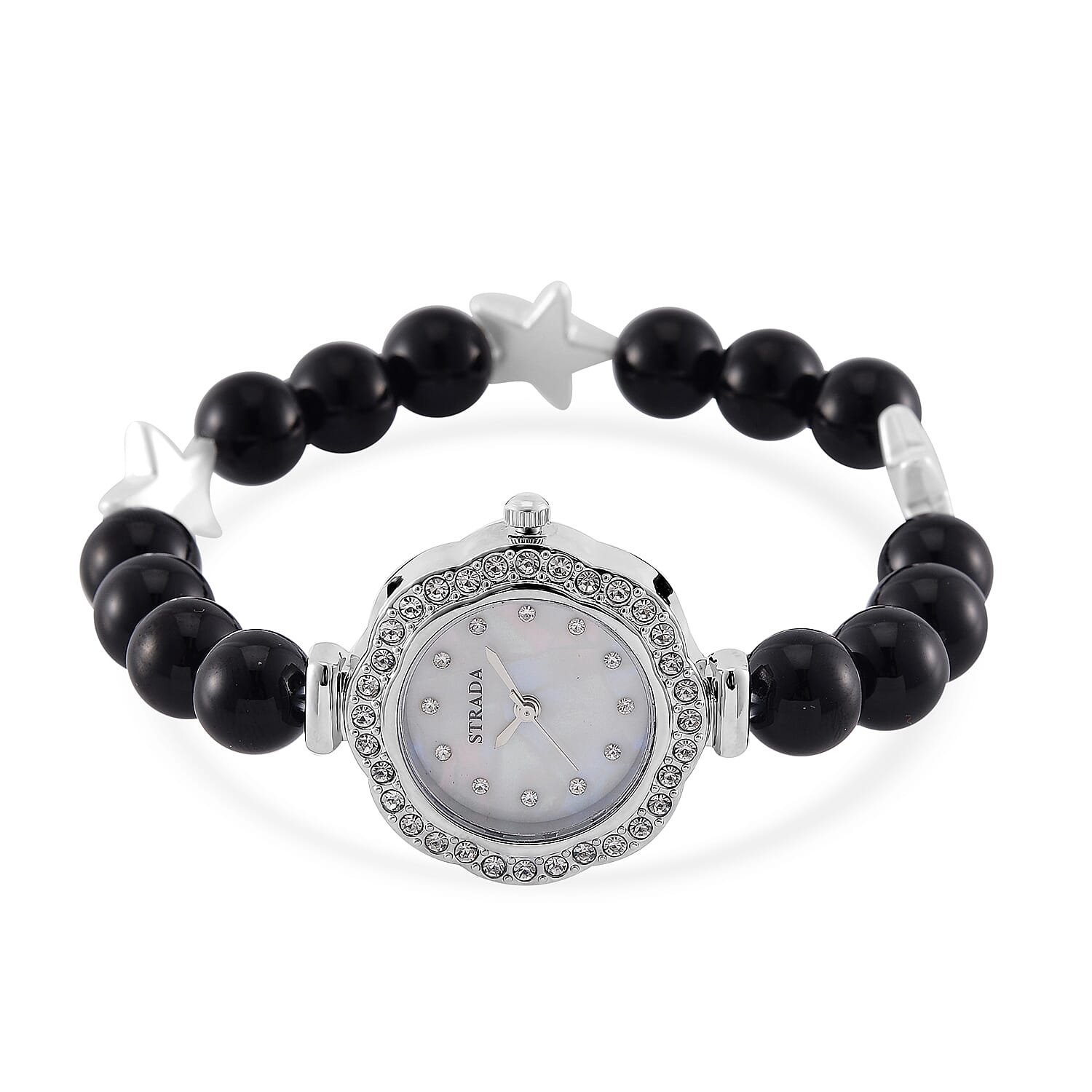 2 Piece Set - Black Agate (D), Crystal Japanese Movement Beaded Stretch Bracelet Charm Watch and Bracelet with Resin Star (7-7.5In) 24.00 ctw
