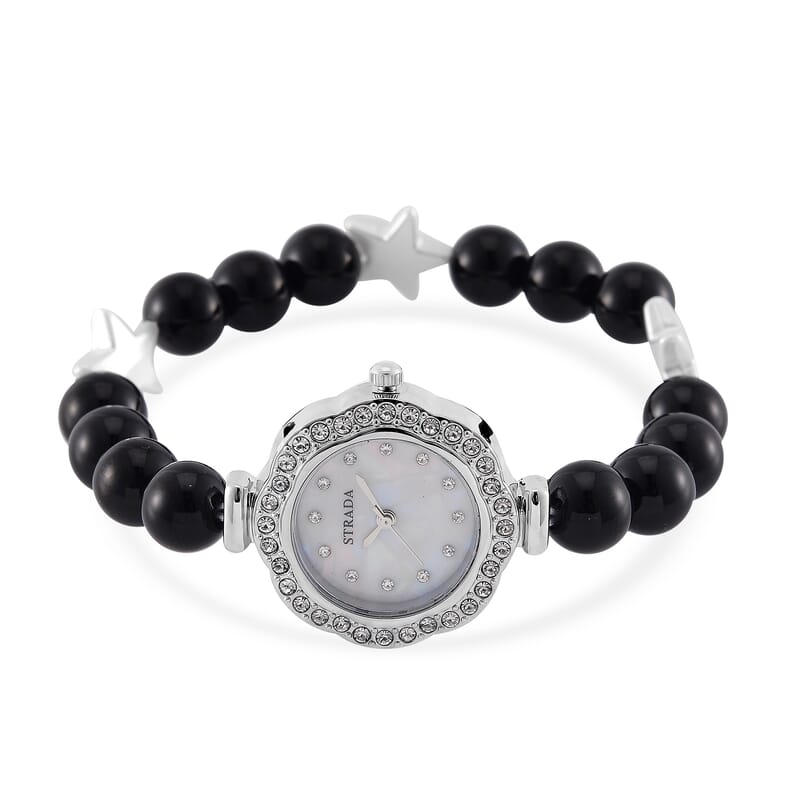 2 Piece Set - Black Agate (D), Crystal Japanese Movement Beaded Stretch Bracelet Charm Watch and Bracelet with Resin Star (7-7.5In) 24.00 ctw