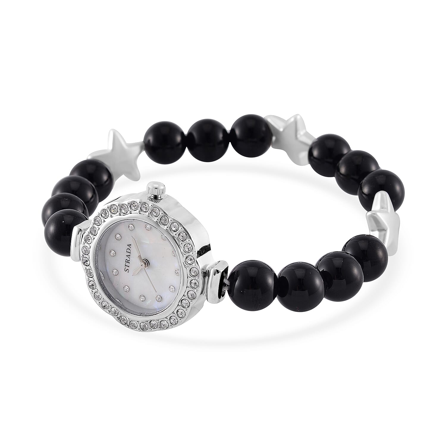 2 Piece Set - Black Agate (D), Crystal Japanese Movement Beaded Stretch Bracelet Charm Watch and Bracelet with Resin Star (7-7.5In) 24.00 ctw