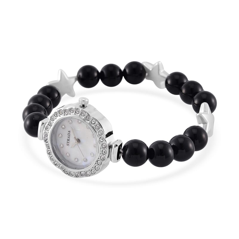 2 Piece Set - Black Agate (D), Crystal Japanese Movement Beaded Stretch Bracelet Charm Watch and Bracelet with Resin Star (7-7.5In) 24.00 ctw