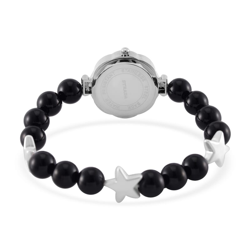 2 Piece Set - Black Agate (D), Crystal Japanese Movement Beaded Stretch Bracelet Charm Watch and Bracelet with Resin Star (7-7.5In) 24.00 ctw
