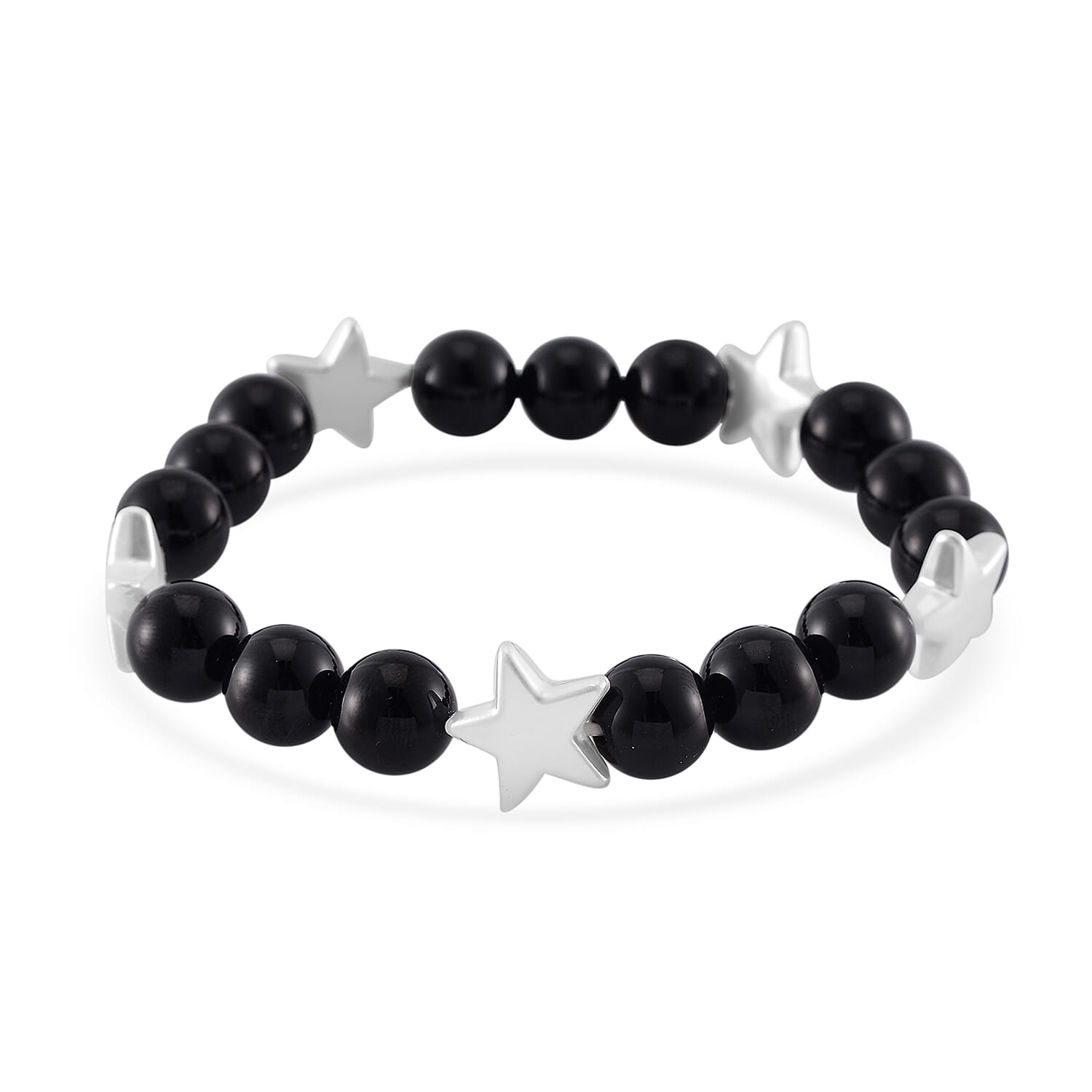 2 Piece Set - Black Agate (D), Crystal Japanese Movement Beaded Stretch Bracelet Charm Watch and Bracelet with Resin Star (7-7.5In) 24.00 ctw