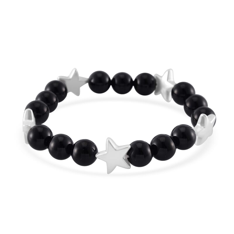 2 Piece Set - Black Agate (D), Crystal Japanese Movement Beaded Stretch Bracelet Charm Watch and Bracelet with Resin Star (7-7.5In) 24.00 ctw