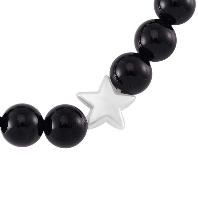2 Piece Set - Black Agate (D), Crystal Japanese Movement Beaded Stretch Bracelet Charm Watch and Bracelet with Resin Star (7-7.5In) 24.00 ctw