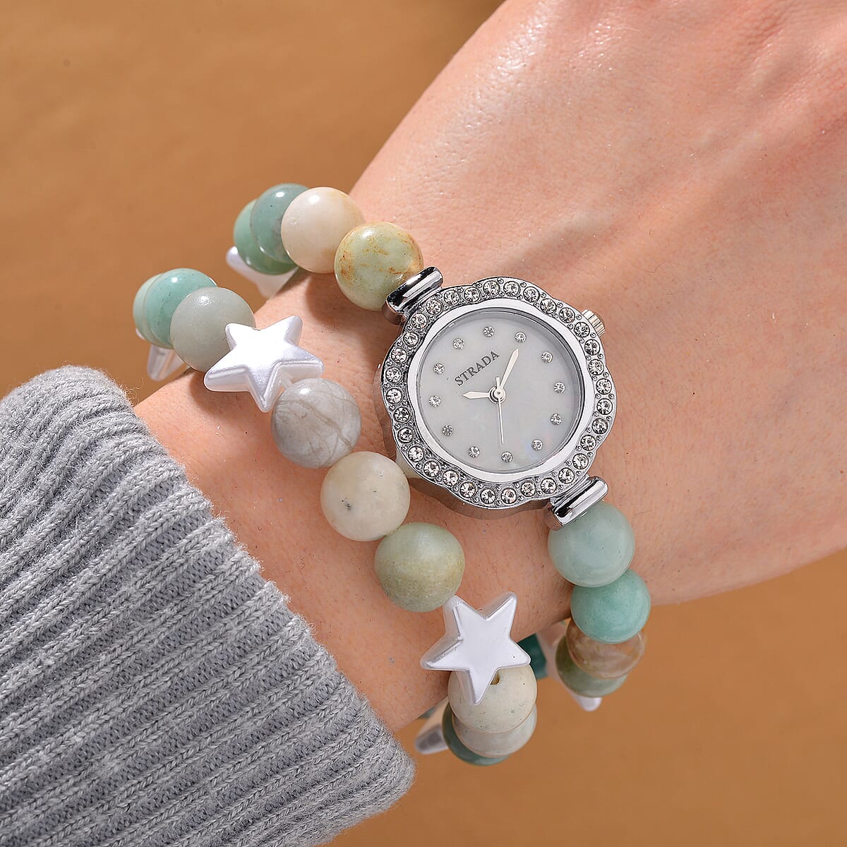 2pcs Set - Strada Mutli Color Amazonite, Crystal Japanese Movement Beaded Stretch Bracelet Charm Watch and Bracelet with Resin Star (7-7.5In) 24.00 ctw image number 1