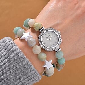 2pcs Set - Strada Mutli Color Amazonite, Crystal Japanese Movement Beaded Stretch Bracelet Charm Watch and Bracelet with Resin Star (7-7.5In) 24.00 ctw