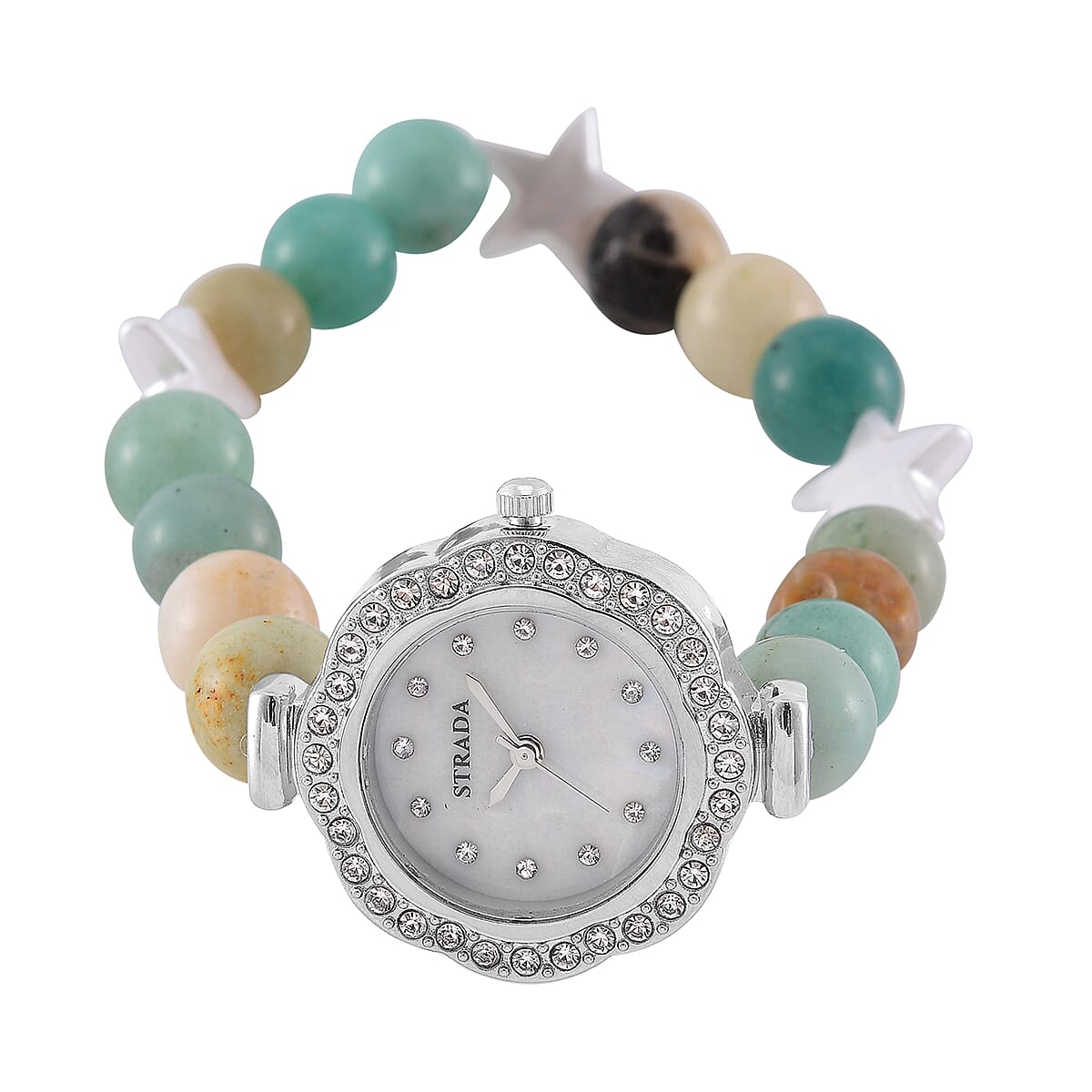 2pcs Set - Strada Mutli Color Amazonite, Crystal Japanese Movement Beaded Stretch Bracelet Charm Watch and Bracelet with Resin Star (7-7.5In) 24.00 ctw image number 2