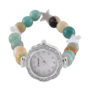 2pcs Set - Strada Mutli Color Amazonite, Crystal Japanese Movement Beaded Stretch Bracelet Charm Watch and Bracelet with Resin Star (7-7.5In) 24.00 ctw
