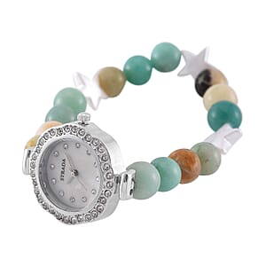 2pcs Set - Strada Mutli Color Amazonite, Crystal Japanese Movement Beaded Stretch Bracelet Charm Watch and Bracelet with Resin Star (7-7.5In) 24.00 ctw