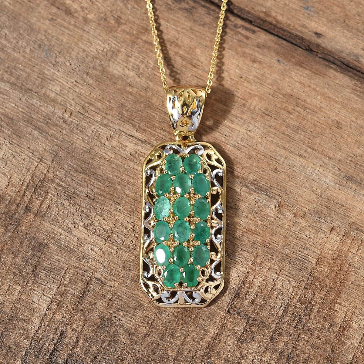 Kagem Zambian Emerald 2.65 ctw Royal Mosaic Pendant Necklace in Rhodium and 18K Vermeil Yellow Gold Over Sterling Silver 20 Inches image number 1