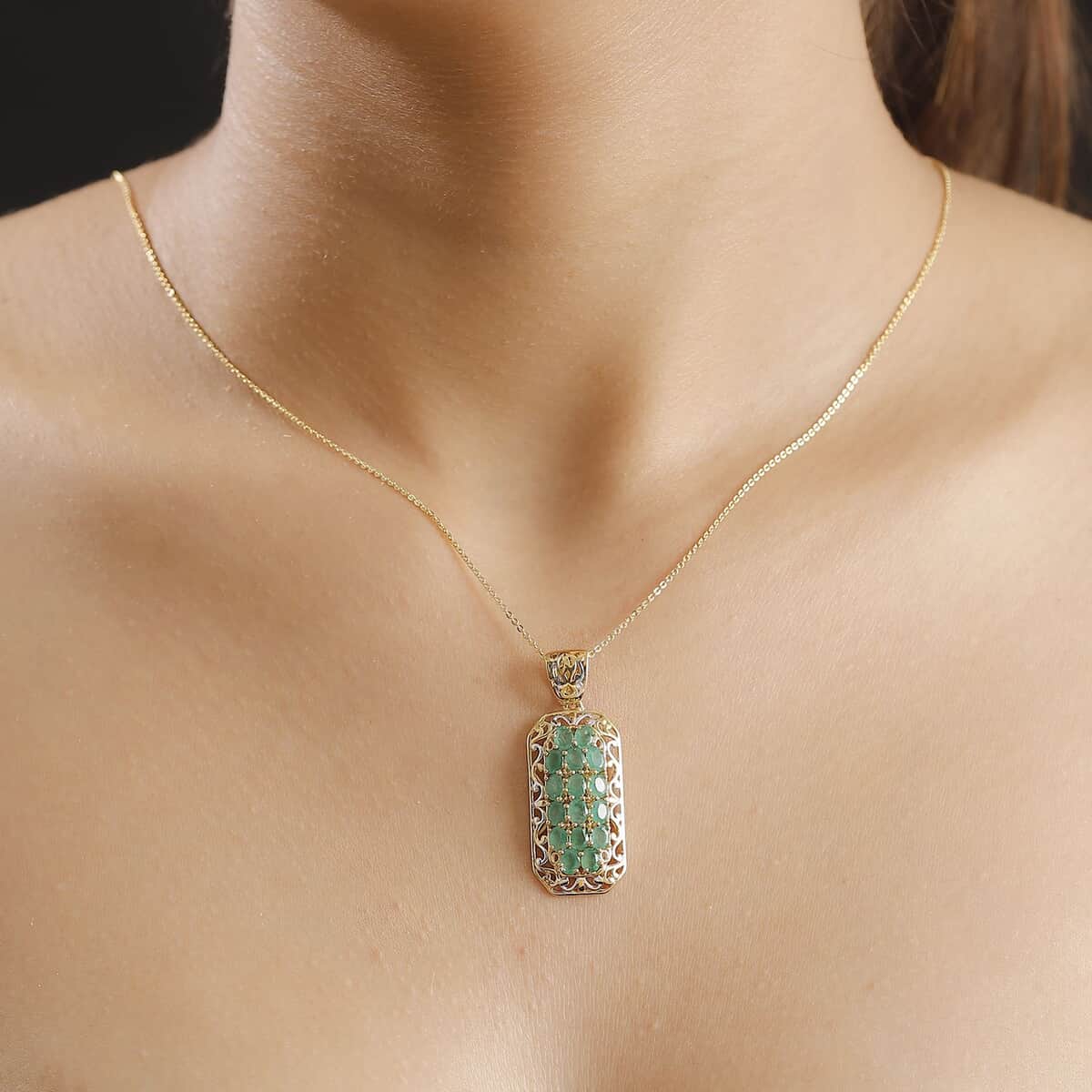 Kagem Zambian Emerald 2.65 ctw Royal Mosaic Pendant Necklace in Rhodium and 18K Vermeil Yellow Gold Over Sterling Silver 20 Inches image number 2