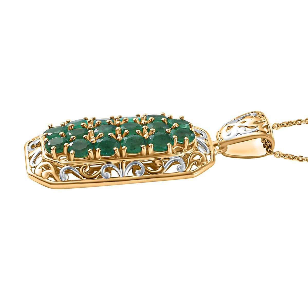 Kagem Zambian Emerald 2.65 ctw Royal Mosaic Pendant Necklace in Rhodium and 18K Vermeil Yellow Gold Over Sterling Silver 20 Inches image number 3