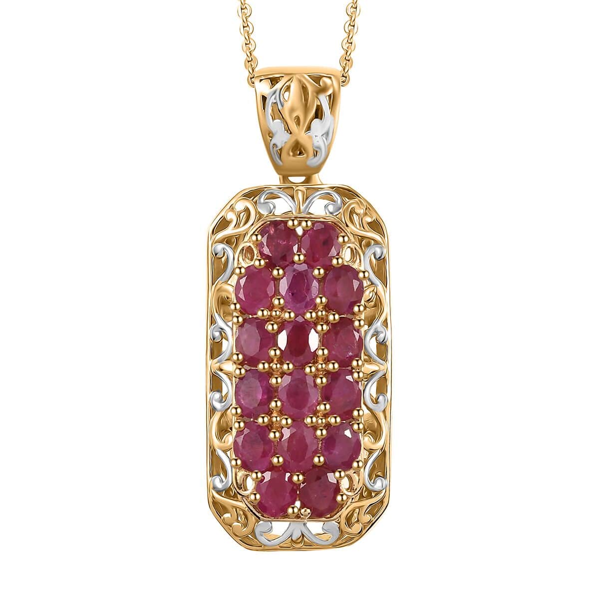 Mozambique Ruby 3.35 ctw Royal Mosaic Pendant Necklace in Rhodium and 18K Vermeil Yellow Gold Over Sterling Silver 20 Inches image number 0