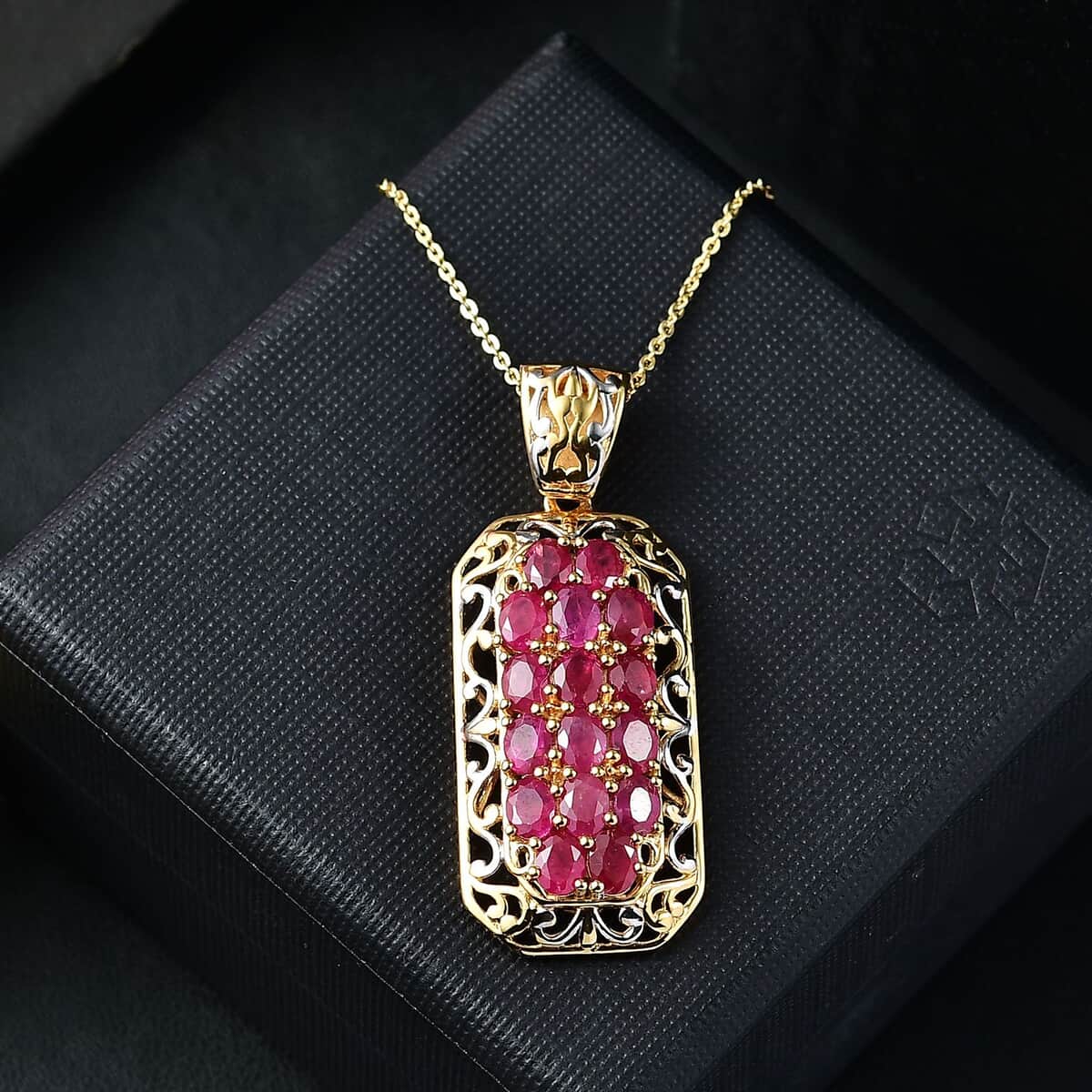 Mozambique Ruby 3.35 ctw Royal Mosaic Pendant Necklace in Rhodium and 18K Vermeil Yellow Gold Over Sterling Silver 20 Inches image number 1