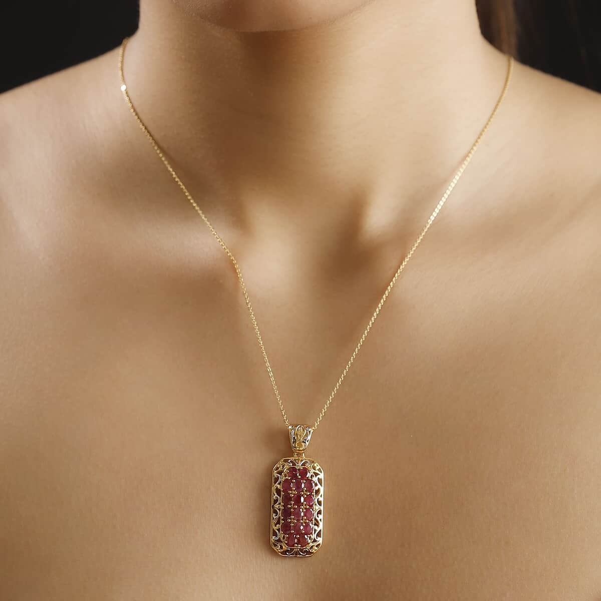 Mozambique Ruby 3.35 ctw Royal Mosaic Pendant Necklace in Rhodium and 18K Vermeil Yellow Gold Over Sterling Silver 20 Inches image number 2