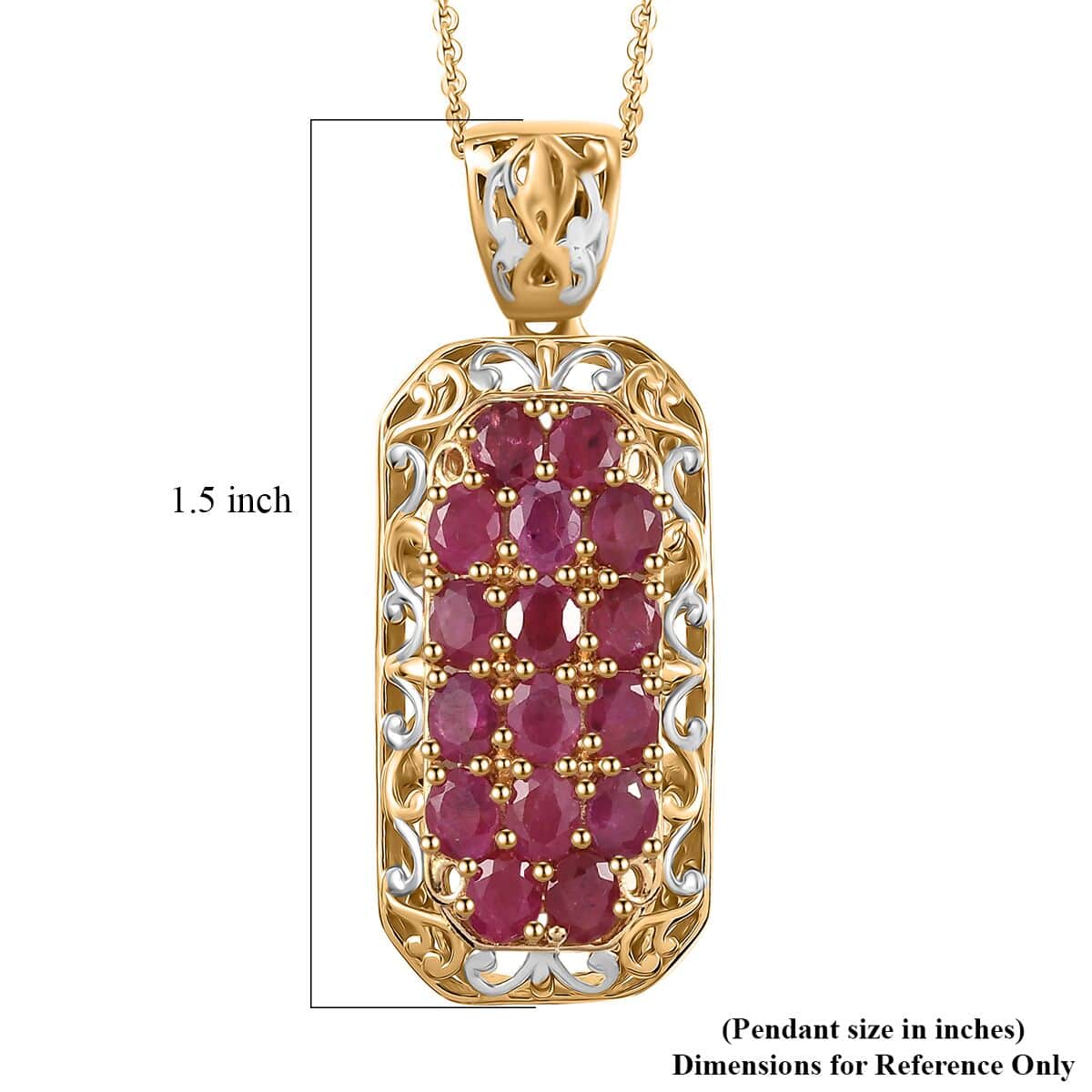 Mozambique Ruby 3.35 ctw Royal Mosaic Pendant Necklace in Rhodium and 18K Vermeil Yellow Gold Over Sterling Silver 20 Inches image number 5