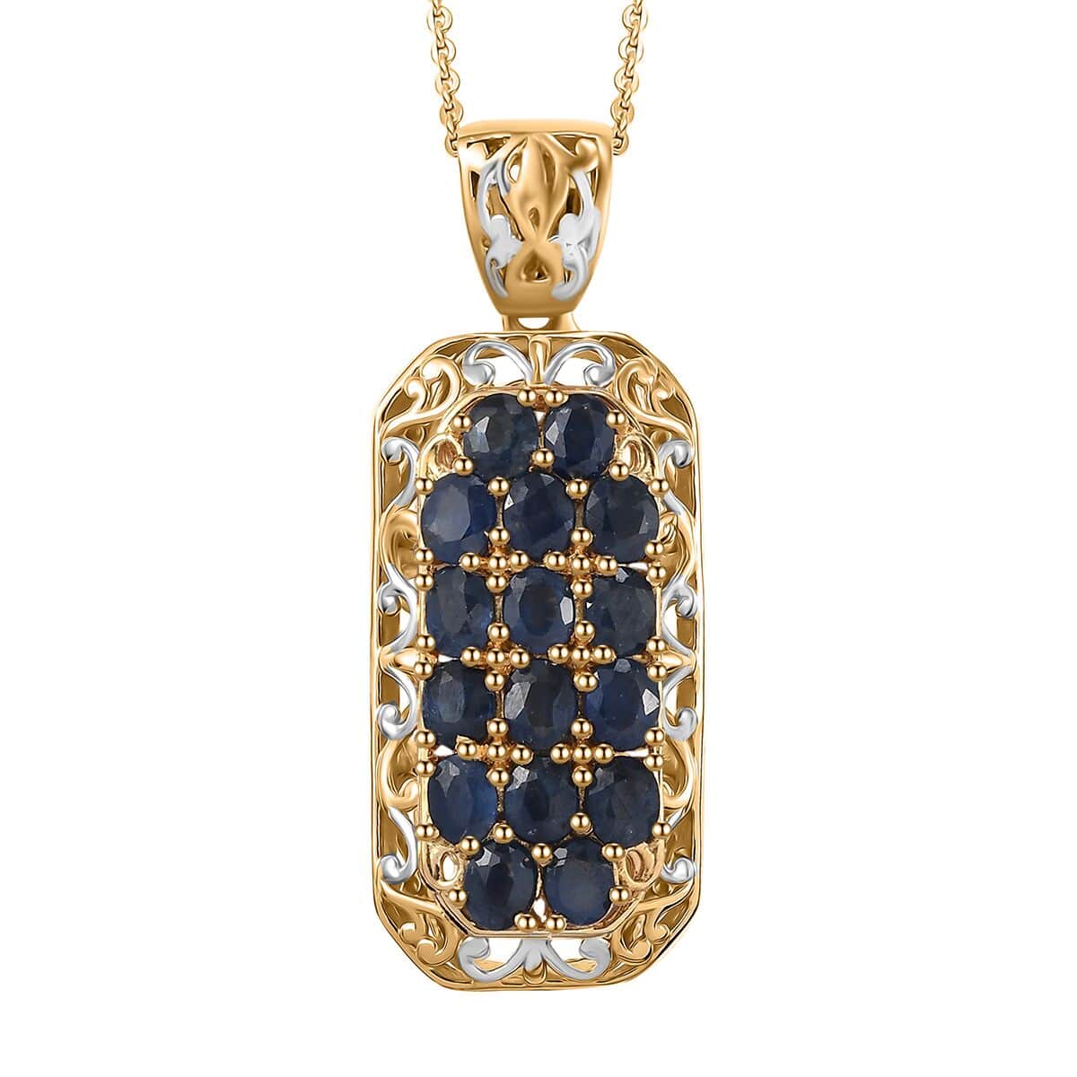 Kanchanaburi Blue Sapphire 3.85 ctw Royal Mosaic Pendant Necklace in Rhodium and 18K Vermeil Yellow Gold Over Sterling Silver 20 Inches image number 0