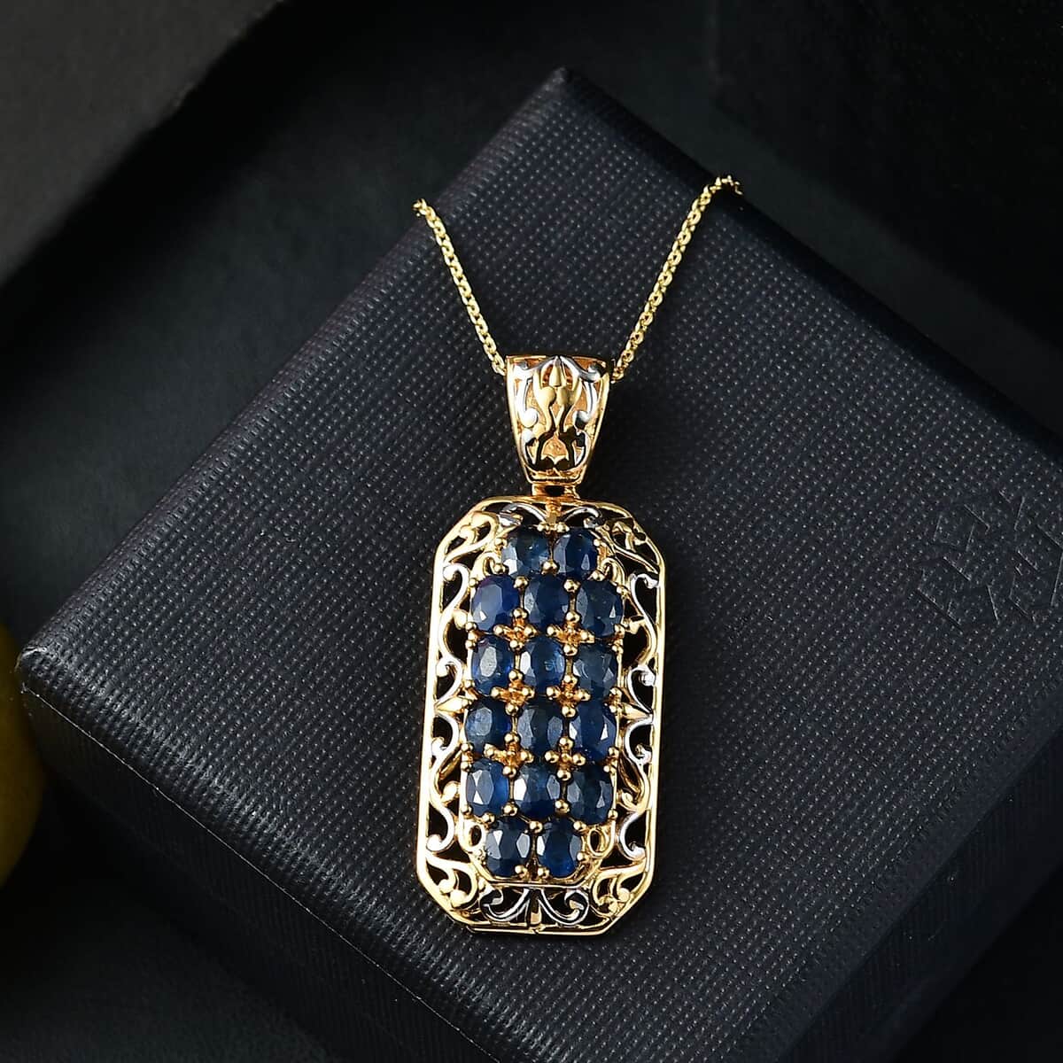 Kanchanaburi Blue Sapphire 3.85 ctw Royal Mosaic Pendant Necklace in Rhodium and 18K Vermeil Yellow Gold Over Sterling Silver 20 Inches image number 1