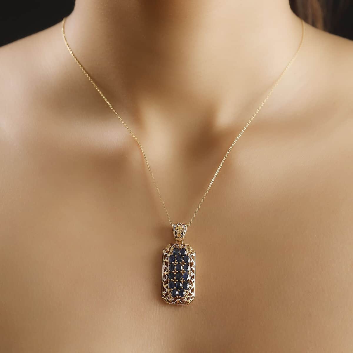 Kanchanaburi Blue Sapphire 3.85 ctw Royal Mosaic Pendant Necklace in Rhodium and 18K Vermeil Yellow Gold Over Sterling Silver 20 Inches image number 2