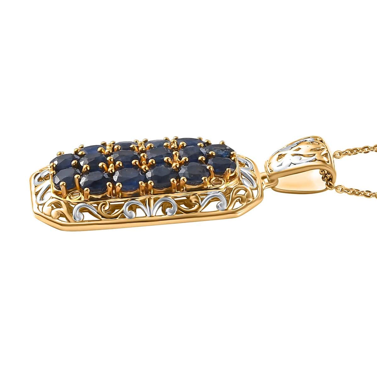 Kanchanaburi Blue Sapphire 3.85 ctw Royal Mosaic Pendant Necklace in Rhodium and 18K Vermeil Yellow Gold Over Sterling Silver 20 Inches image number 3