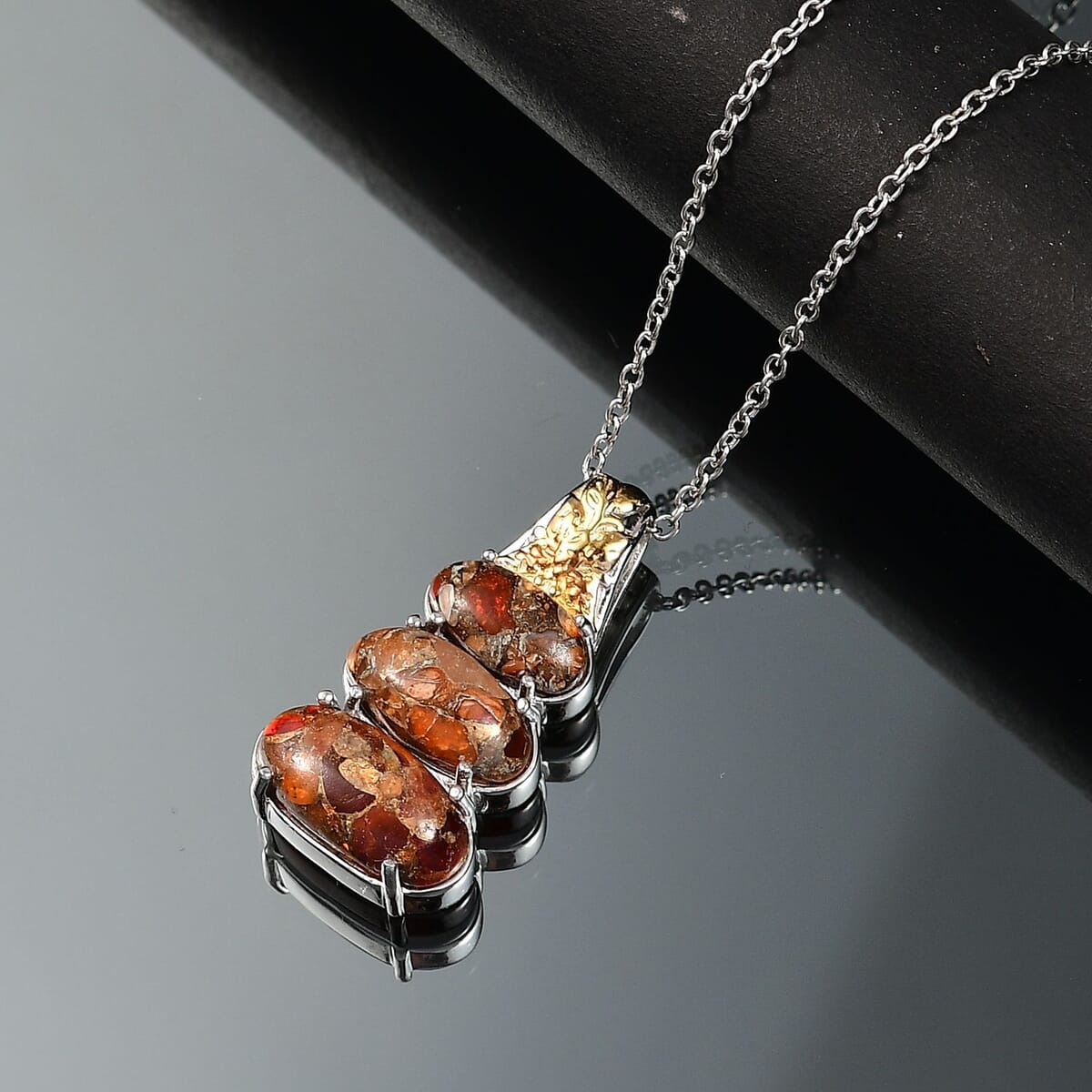 Matrix Fire Opal 8.00 tw Pendant in 14K YG and Platinum Over Copper with Magnet Stainless Steel Necklace 20 Inches  image number 1