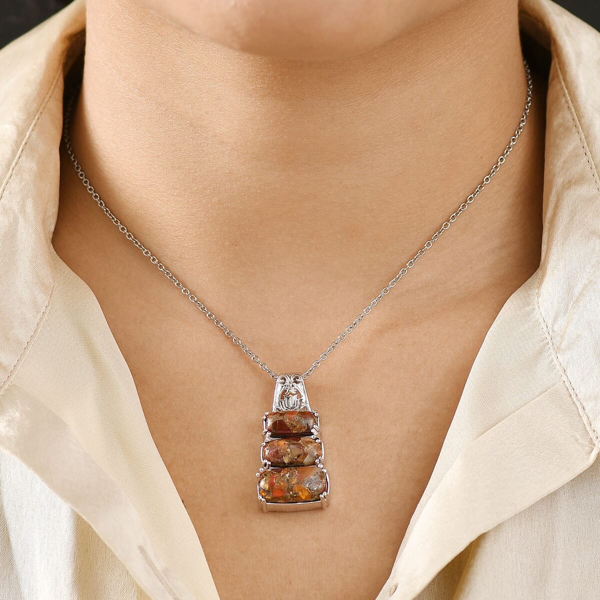 Matrix Fire Opal 9.90 ctw Pendant in Platinum Over Copper with Magnet Stainless Steel Necklace 20 Inches image number 1