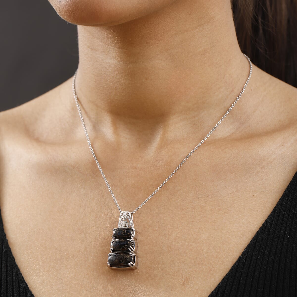 Matrix Silver Shungite 7.80 ctw Pendant in Platinum Over Copper with Stainless Steel Necklace (20 Inches) image number 2