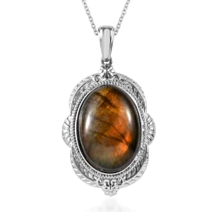 Madagascar Fire Labradorite 28.75 ctw Feather Pendant Necklace in Stainless Steel 20 Inches