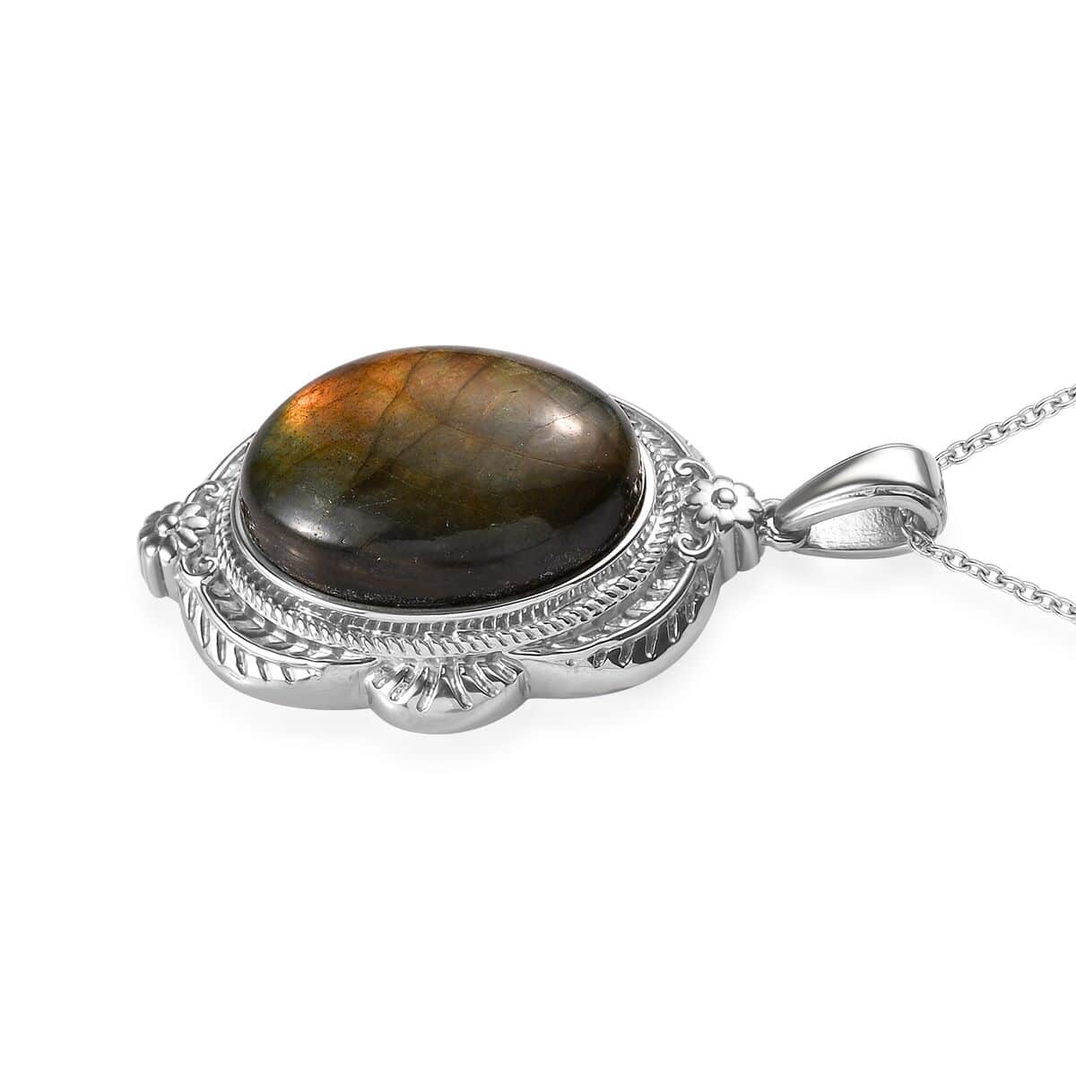 Madagascar Fire Labradorite 28.75 ctw Feather Pendant Necklace in Stainless Steel 20 Inches image number 3